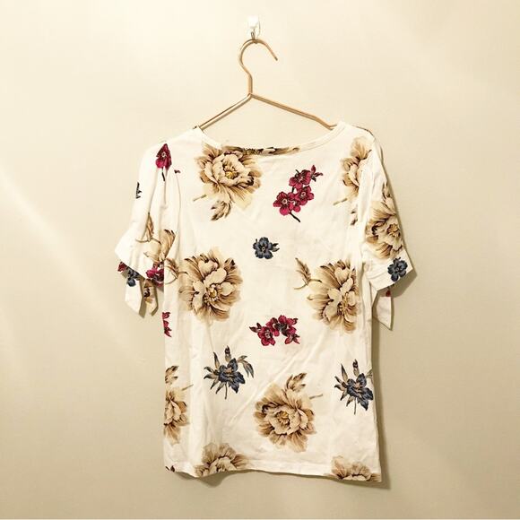 Ann Taylor factory floral short sleeved blouse with tie sleeves size small - Picture 2 of 6